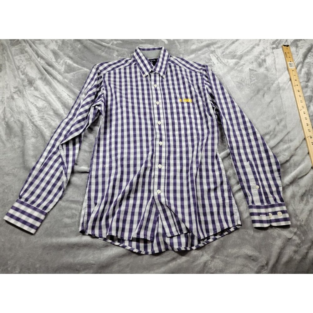 Antigua LSU Tigers Shirt Mens Small Purple Gingham Long Sleeve Button Up Preppy
